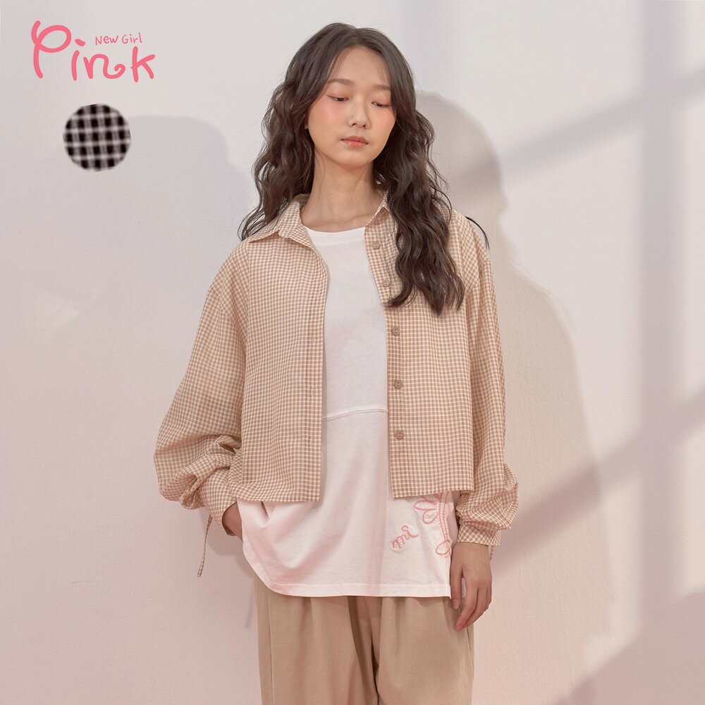 Pink*多WAY格紋抽皺襯衫/上衣 (2色) Y2202AD