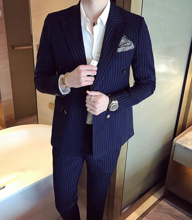 FINDSENSE品牌 韓國男 經典條紋 雙排扣西裝 修身西裝 西裝外套 單件外套