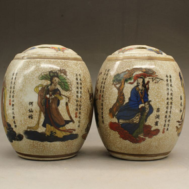 清乾隆粉彩八仙蛐蛐罐（一對）茶葉罐古玩瓷器古董仿古擺件收藏