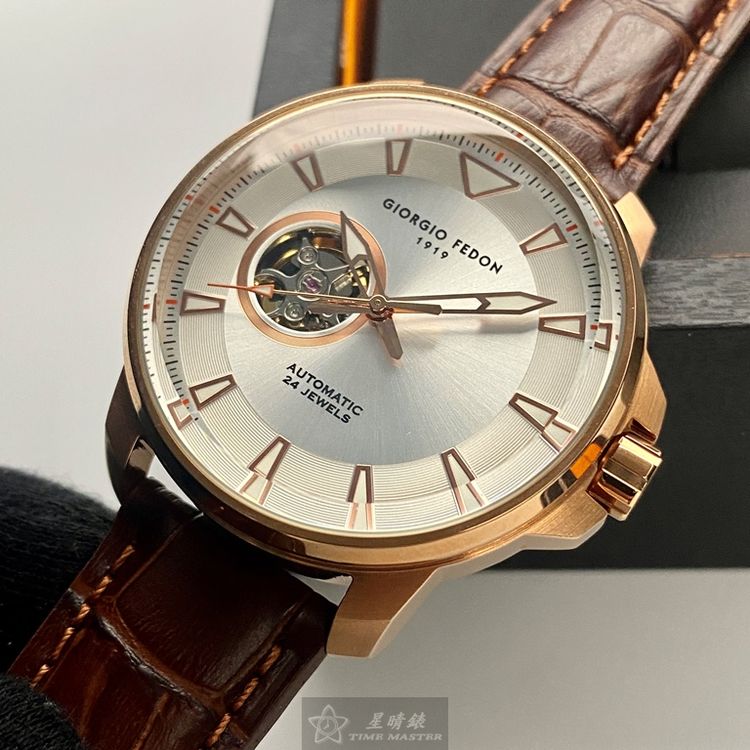 點數9%★GiorgioFedon1919手錶,編號GF00118,46mm玫瑰金圓形精鋼錶殼,銀白色簡約, 鏤空, 中三針顯示錶面,咖啡色真皮皮革錶帶款,超高品質!, 如水滴般璀璨奪目!【APP下單享9%點數上限5000點】