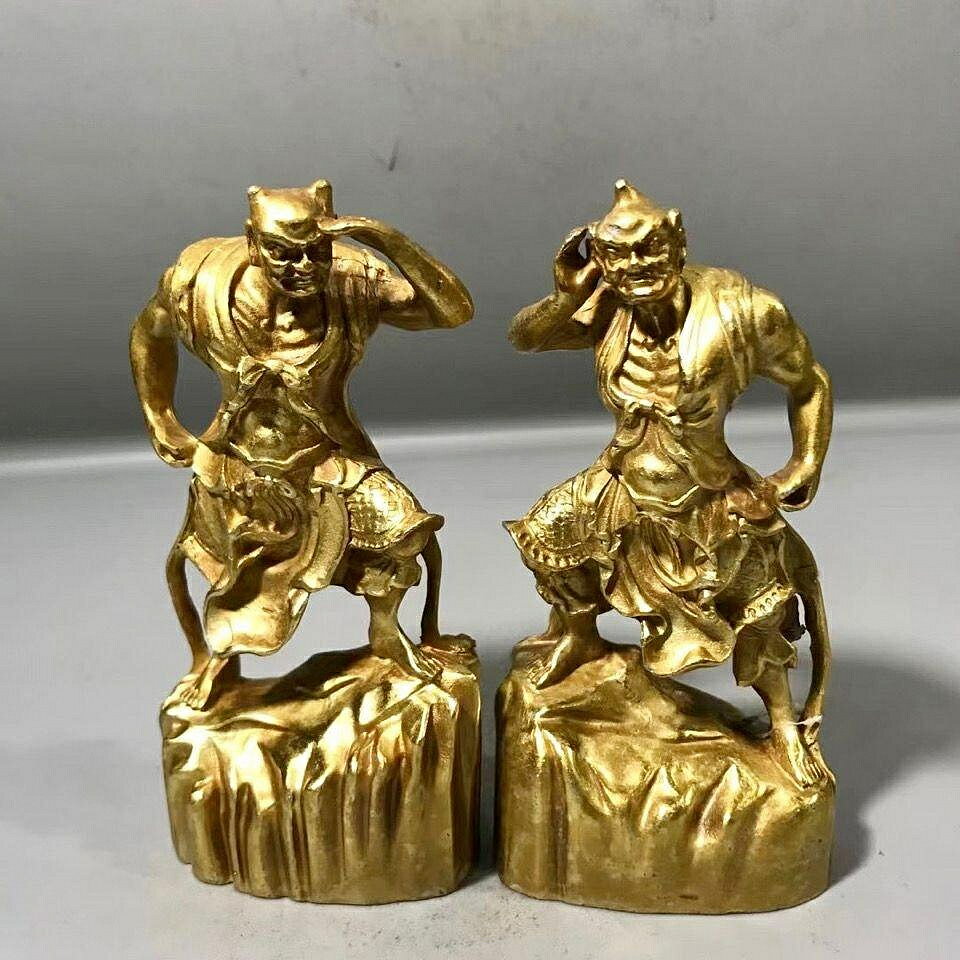 古玩收藏銅千里眼順風耳銅像門神擺件一對佛堂佛像左右銅護法神