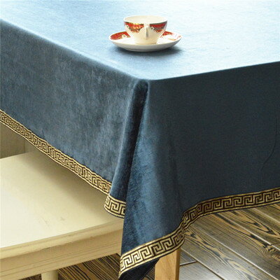 宜家►新中式藍色鑲邊餐桌布 (100*160cm) 歐式茶几棉麻餐桌巾