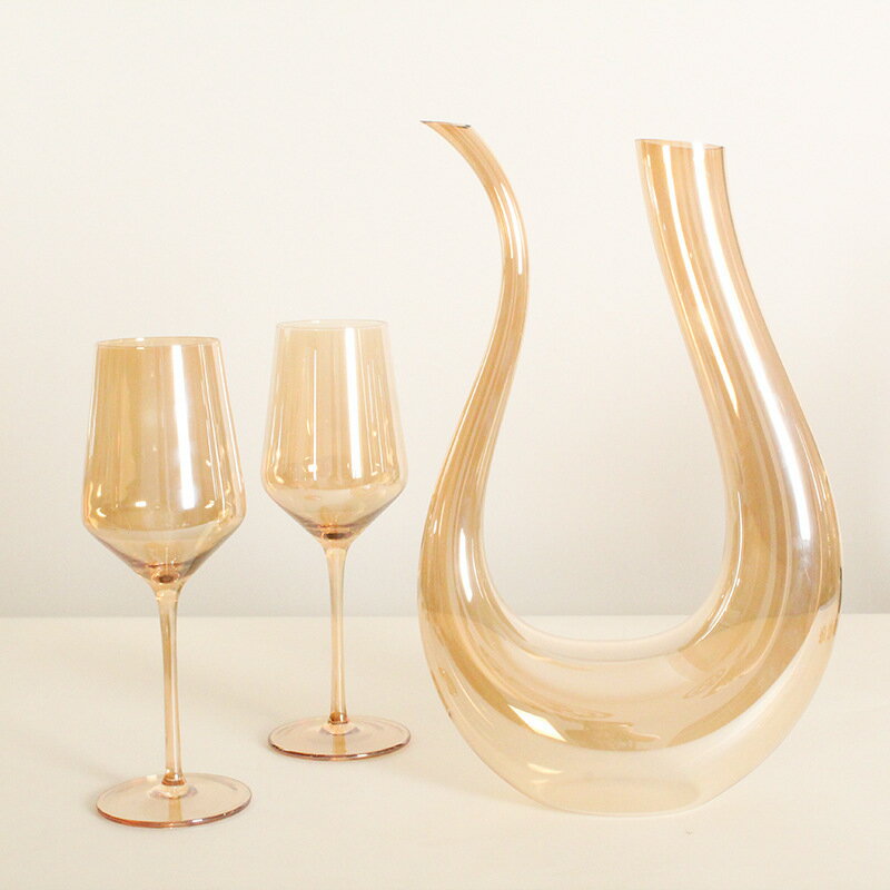【喜挖】輕奢金色高腳杯擺件琥珀色水晶玻璃紅酒杯U型醒酒器彩色杯裝飾杯