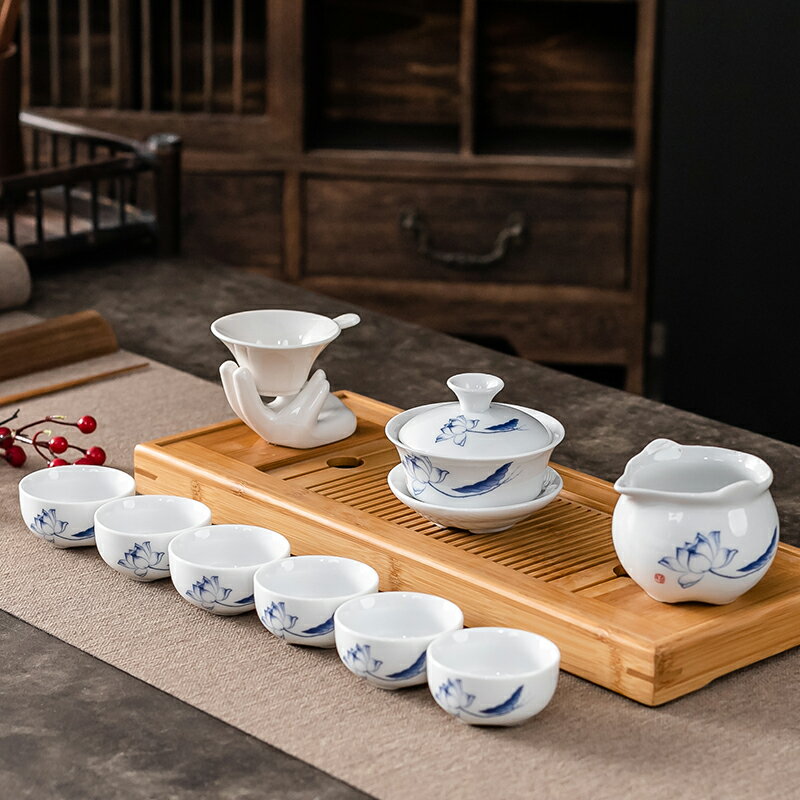 瀾揚陶瓷功夫茶具套裝青花白瓷蓋碗茶杯公道杯家用客廳簡約整套M