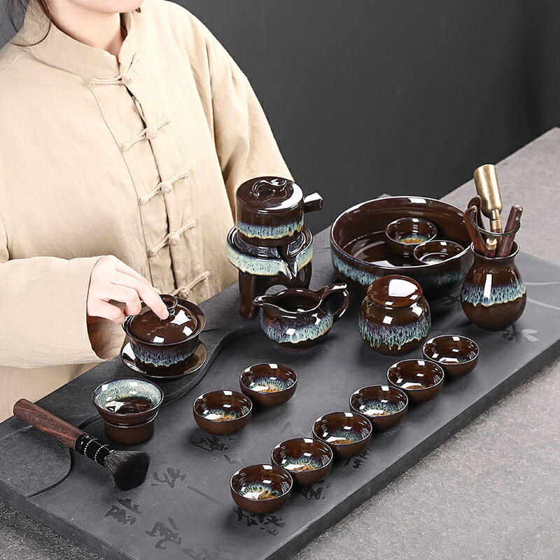建盞功夫茶具套裝天目釉茶杯家用會客半全自動泡茶器側把茶壺石磨