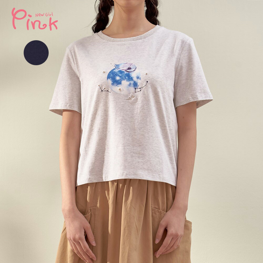 Pink*夢幻星系圖繡短袖T恤 (2色) Y1312AT