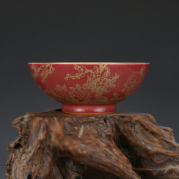 大清乾隆豇豆紅描金花鳥紋碗 仿古瓷器古董真品古玩收藏