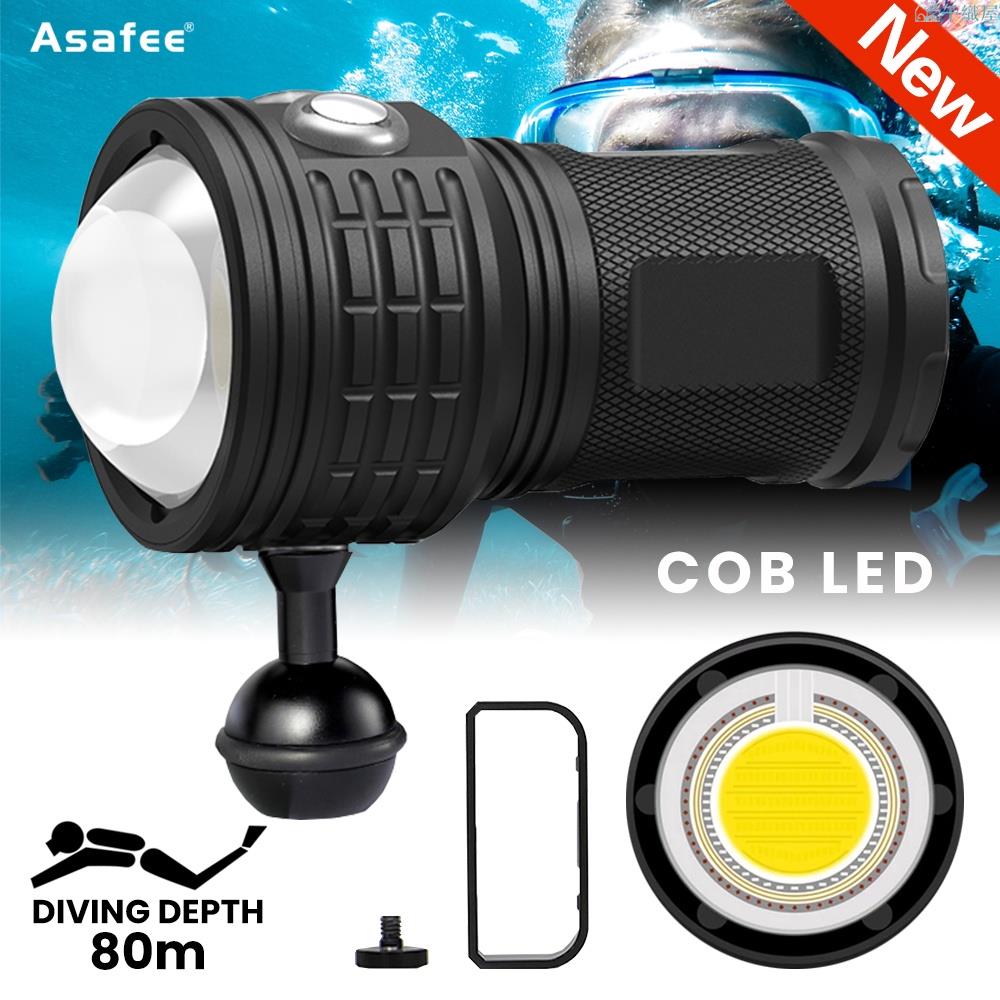 Asafee 6000LM DRC01 超亮潛水補光燈COB燈珠手電筒燈座 80M水下攝影用18650电池 IPX8防水