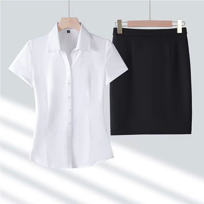 大尺碼襯衫女 白襯衫女V領短袖夏季新款速干高檔雪紡修身顯瘦職業正裝OL工作服 2