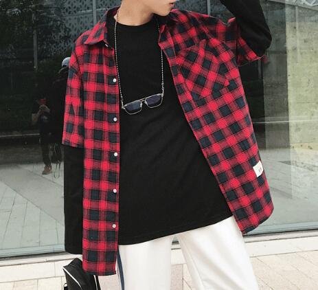 FINDSENSE Z1 韓國 時尚 潮 男 寬鬆 假兩件 拼接 格子 格紋襯衫 外套 長袖襯衫