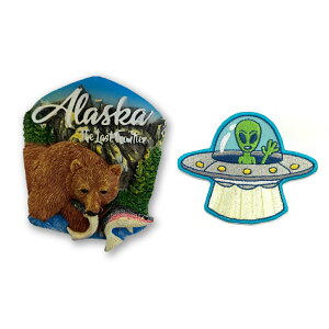 美國阿拉斯加野熊3D立體磁鐵+美國 綠色外星人外套刺繡【2件組】磁鐵冰箱貼 可愛磁鐵 立體磁鐵 造型立體磁鐵 交換禮物 磁鐵