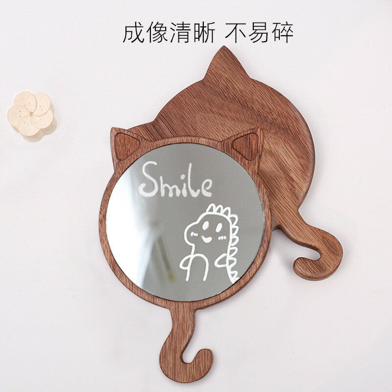 快速出貨 附發票 木質小鏡子女隨身攜帶創意貓耳設計時尚補妝鏡子實木便攜隨身小號