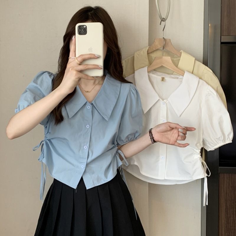 FUXI 短版襯衫女 短袖襯衫 韓版綁帶收腰顯瘦Polo領上衣 翻領襯衫 女生短袖上衣 女裝 衣服