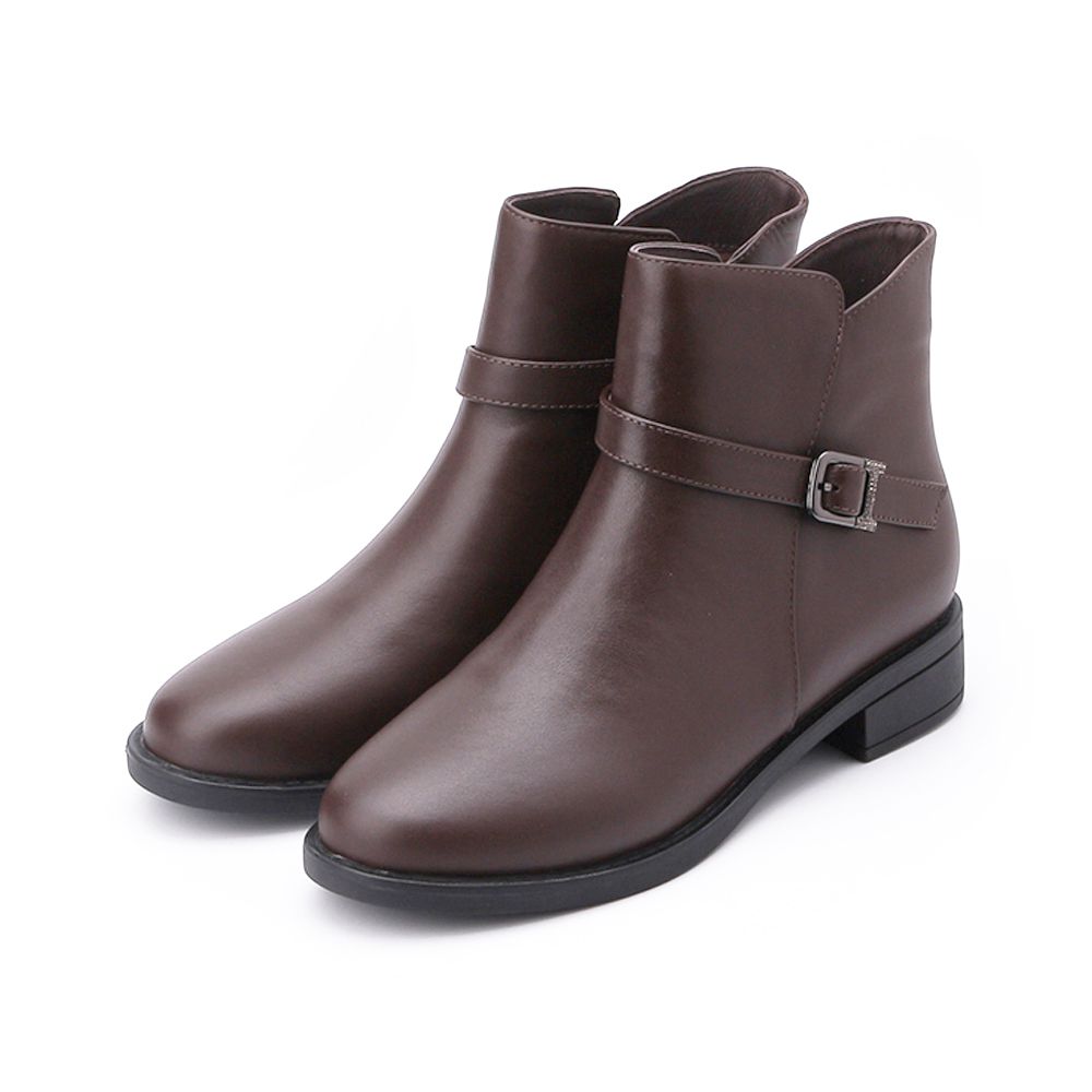 LUZZI 側鑽釦拉鍊短跟靴 咖 女鞋