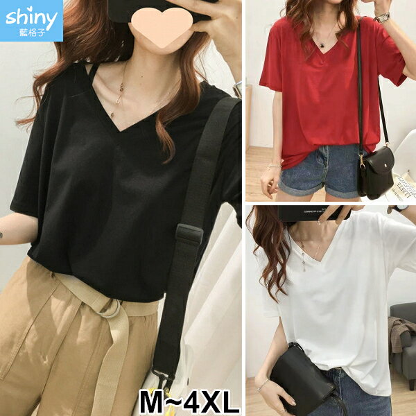 休閒基調．素色寬鬆V領短袖上衣－shiny藍格子【V5162】