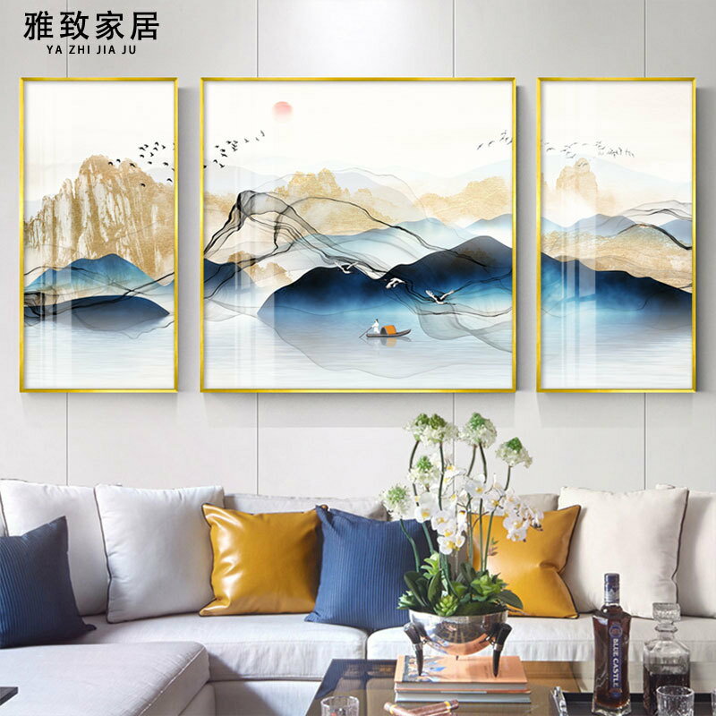 新中式客廳裝飾畫沙發背景墻面現代簡約壁畫輕奢靠山招財山水掛畫