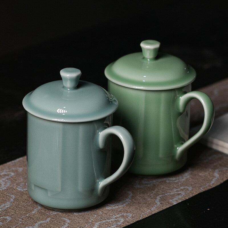 青瓷茶杯大容量泡茶杯陶瓷會議辦公室帶蓋水簡約杯子茶具禮品禮盒