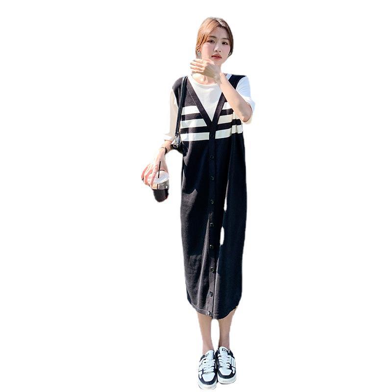 【巴黎精品】連身裙短袖洋裝-假兩件條紋拼接直筒女裙子a1fc26