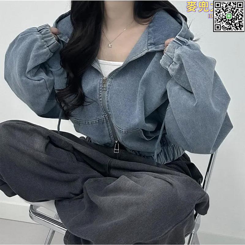 【全球優品滙】韓國chic秋冬慵懶風個性短款收腰雙拉鏈設計連帽牛仔夾克外套女