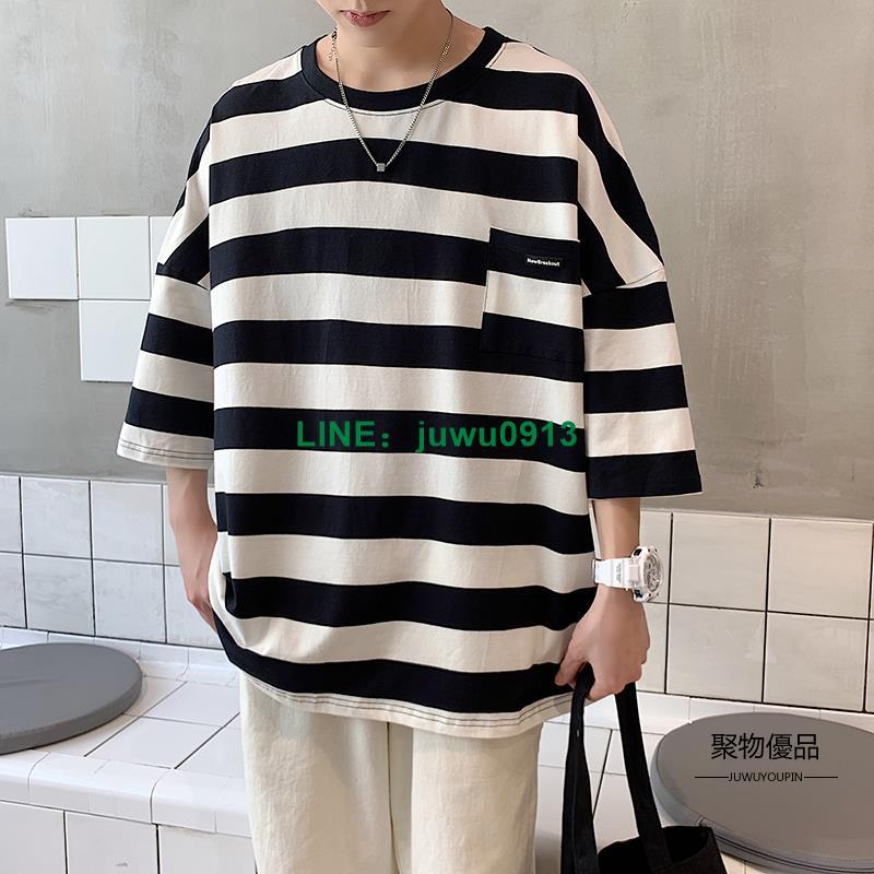 條紋七分袖男夏季潮流短袖T恤寬版百搭上衣服飾【聚物優品】