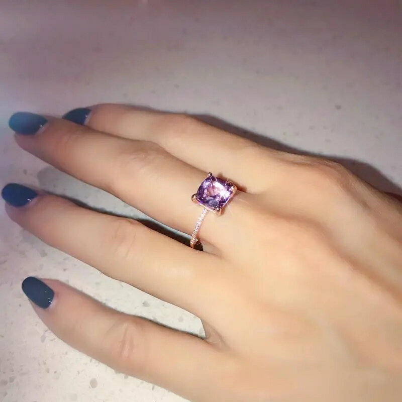 天然紫水晶S925銀戒指ins風公主方鉆微鑲指環招財招桃花氣質時尚