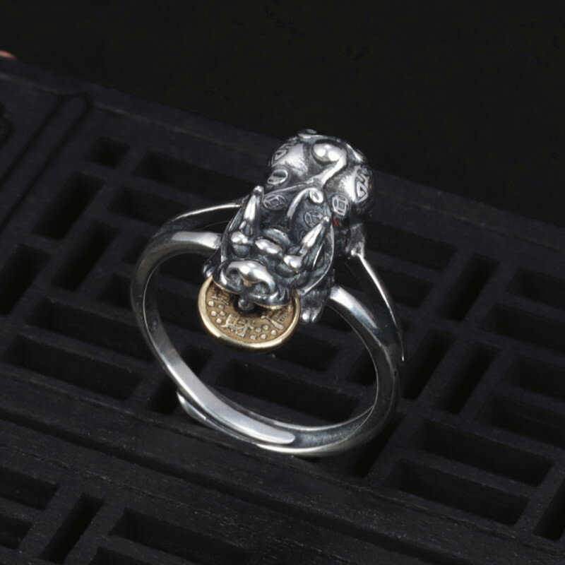 S925純銀貔貅戒指女復古錢幣個性創意活口指環高級感輕奢小眾精致