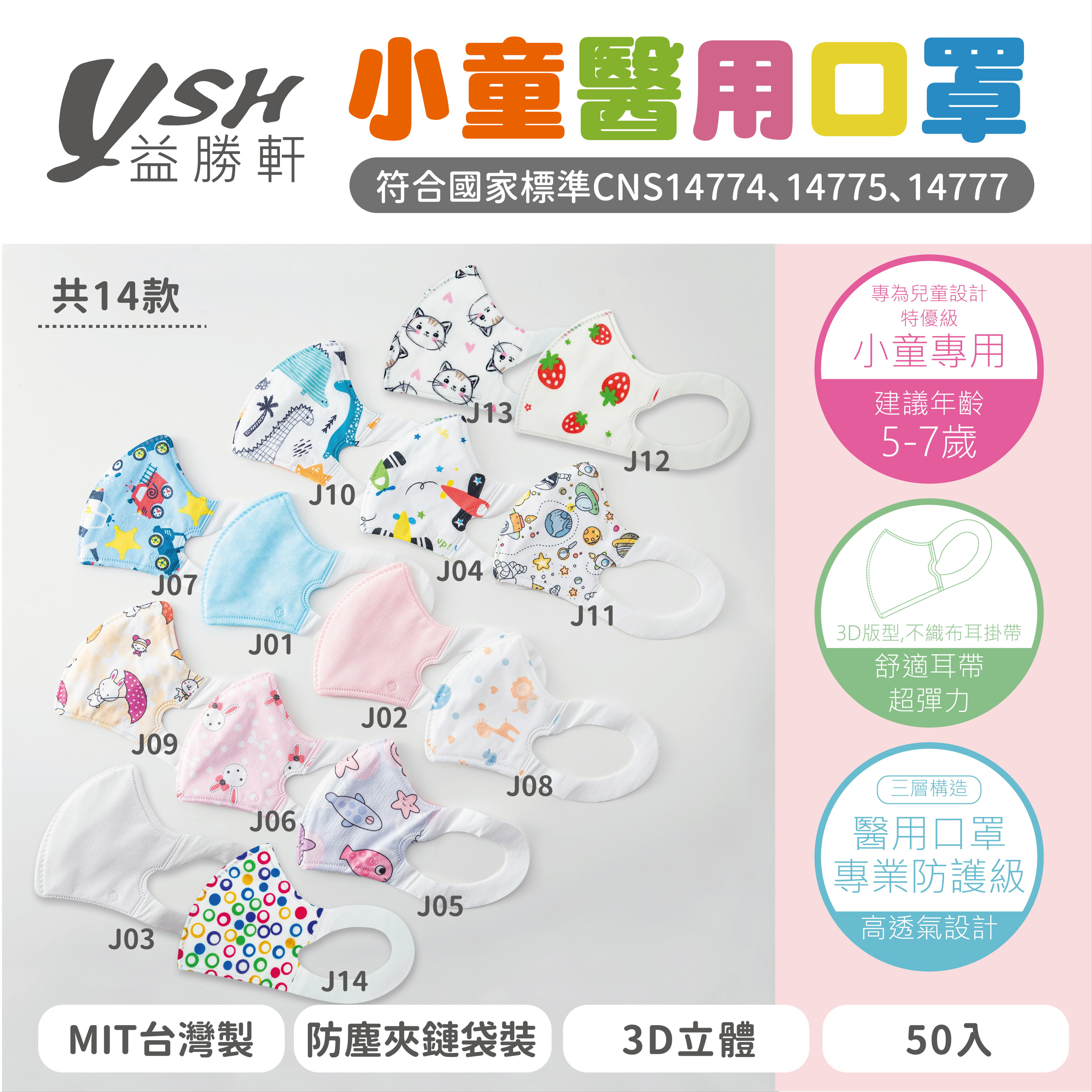 【快速出貨】益勝軒 小童3D立體醫療口罩 MIT台灣製 50入/盒 5~7歲 附防塵夾鏈袋包裝