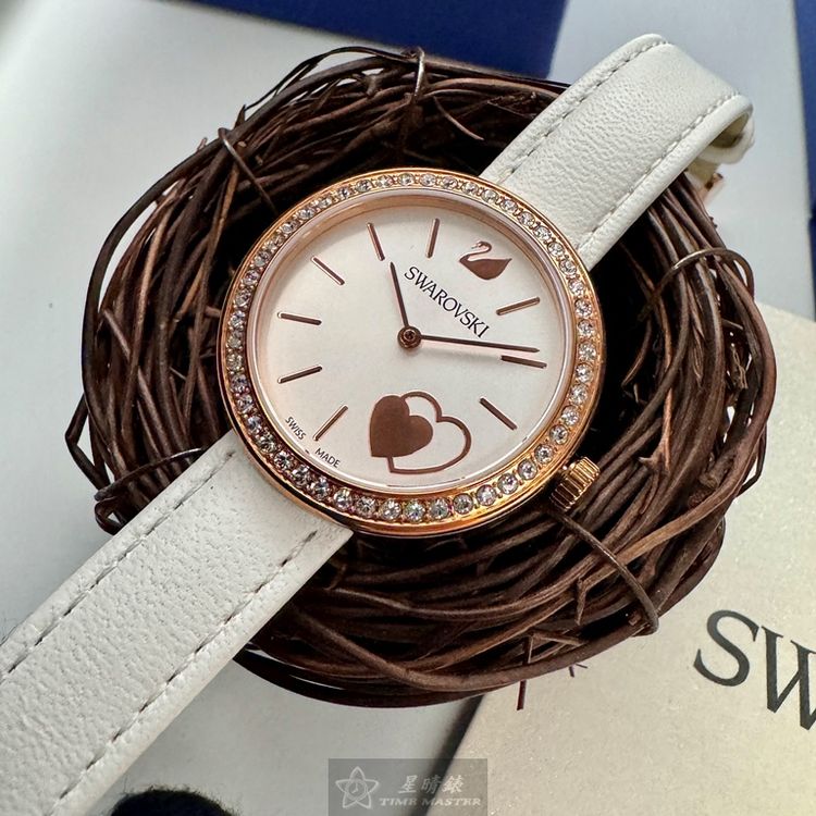 SWAROVSKI手錶,編號SW00020,34mm玫瑰金圓形精鋼錶殼,白色中三針顯示錶面,白真皮皮革錶帶款,可愛迷人