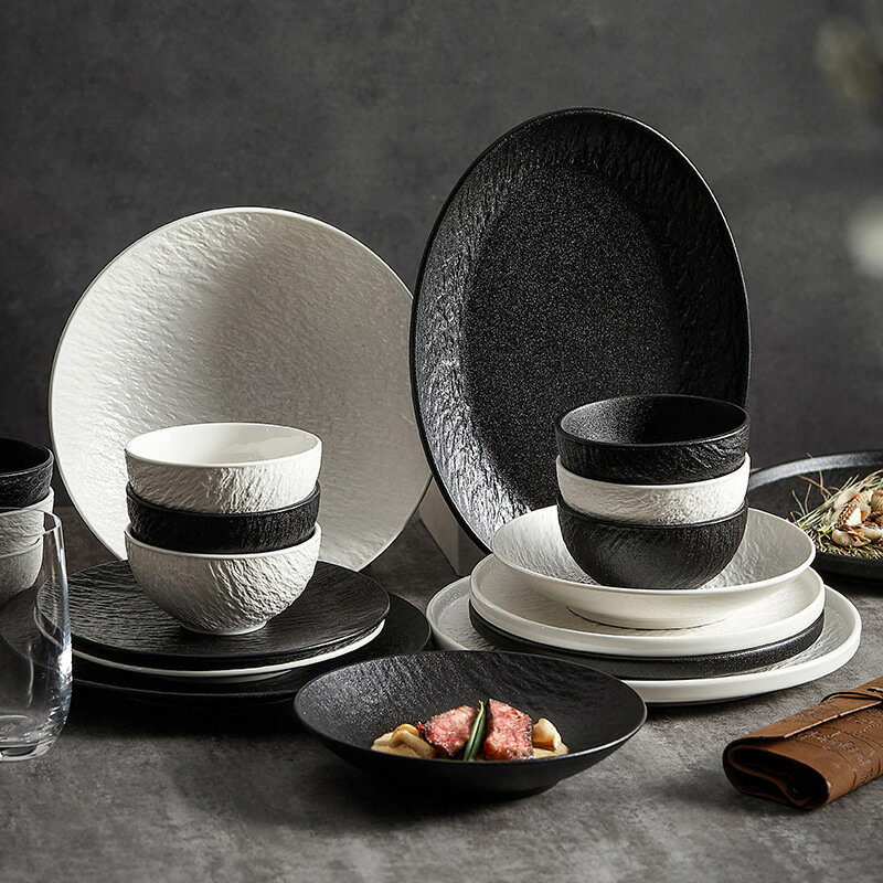 碗碟套裝擺臺簡約石紋碗盤黑白日式碗筷組合高級感ceramicbowl 全館免運