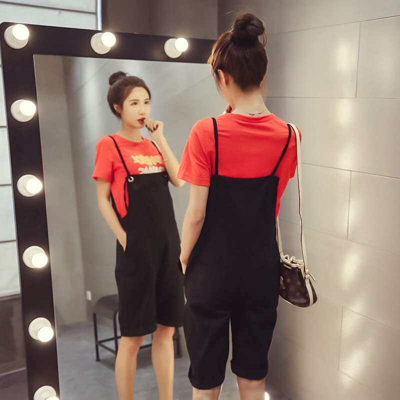 FINDSENSE G5 韓國時尚 夏季 純色 寬鬆 T恤 短褲 套裝 背帶褲 兩件套