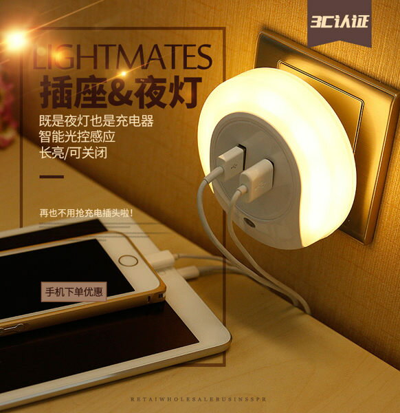 智慧型光感應 自動啟閉 小夜燈 可充電 2.1A USB【H00535】