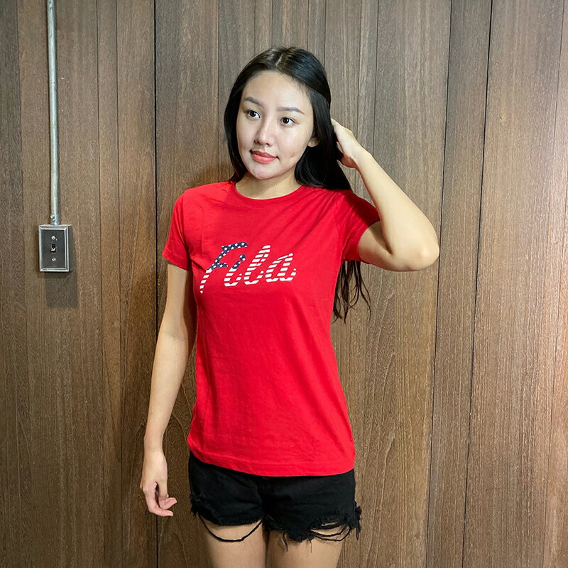 美國百分百【全新真品】 FILA 短袖 T恤 T-shirt 運動潮流 女 腰身 圓領 logo 紅色 BF31