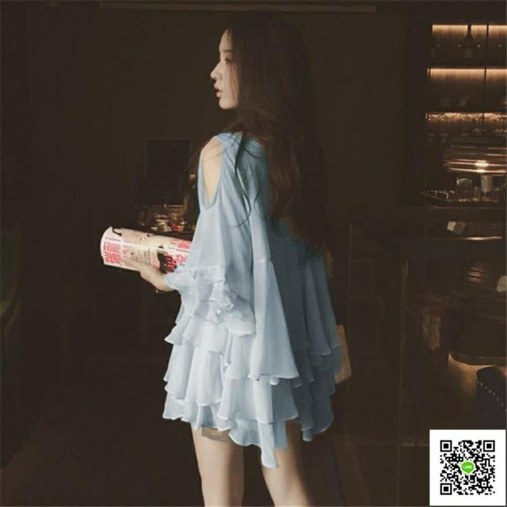 蕾絲衫/雪紡紗 夏裝新款韓版露肩V領超仙短袖雪紡衫女寬鬆上衣甜美洋氣小衫 歐歐流行館