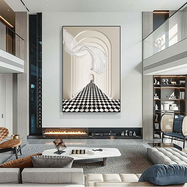 抽象高級感客廳裝飾畫落地畫巨幅灰色輕奢沙發背景墻掛畫豎版壁畫
