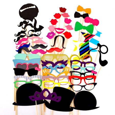 創意派對拍照道具 58件套組 DIY 眼鏡 紅唇 帽子 鬍子 領帶 面具 生日 婚禮 趣味 變裝 party【N201304】