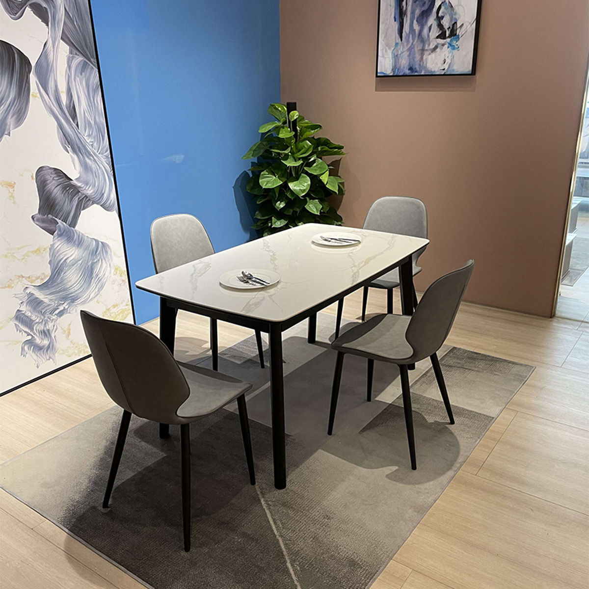 巖板餐桌椅家用小戶型現代簡約阿瑪尼灰北歐實木飯桌子組合長方形