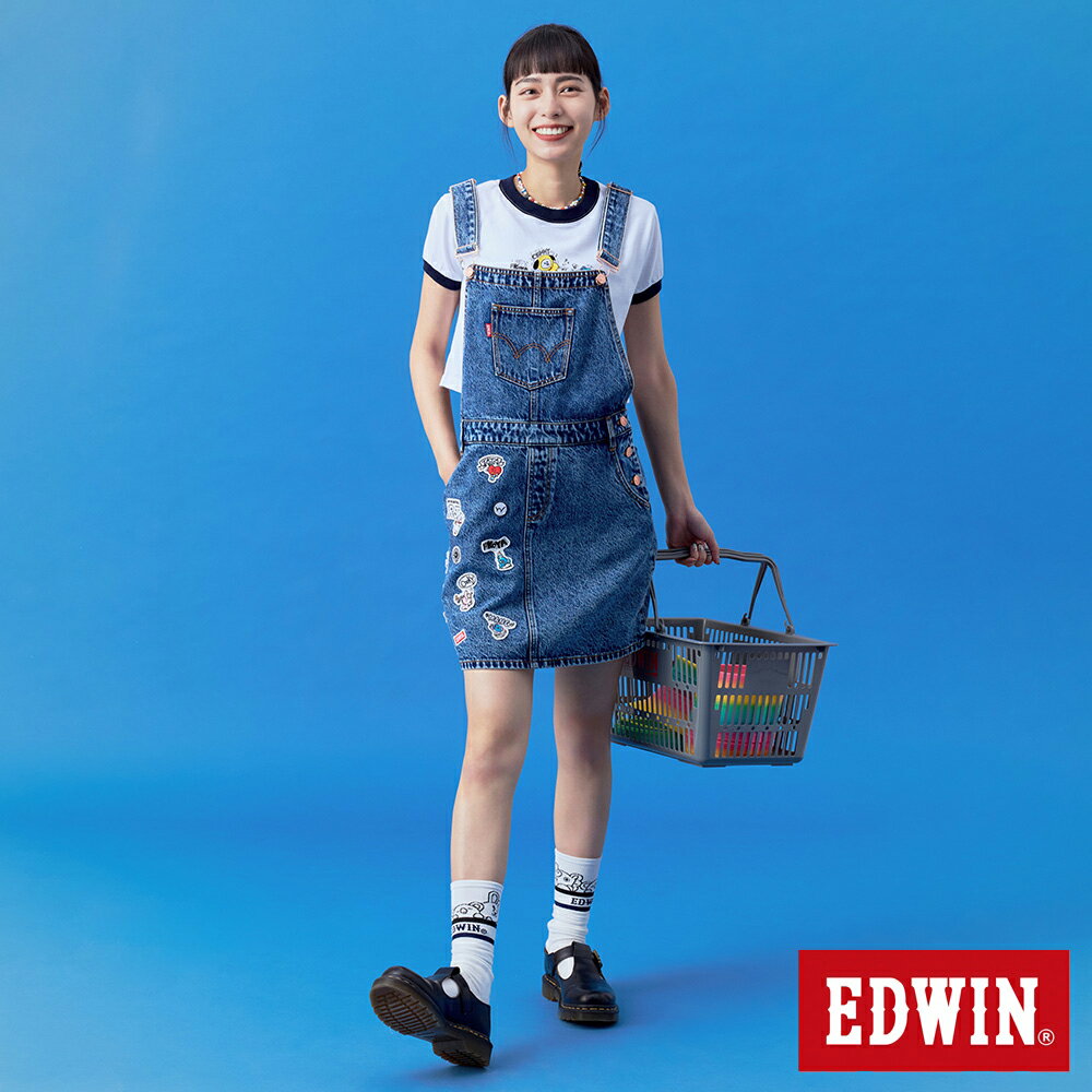 EDWIN BT21徽章吊帶丹寧短裙-女款 石洗藍