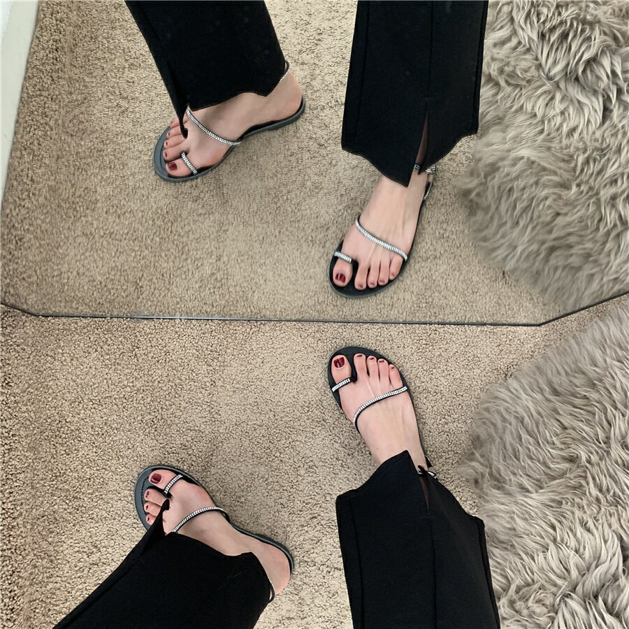 設計感小眾燙鉆套趾涼鞋2022年春夏新款百搭平底鞋女鞋夏款瑪麗珍