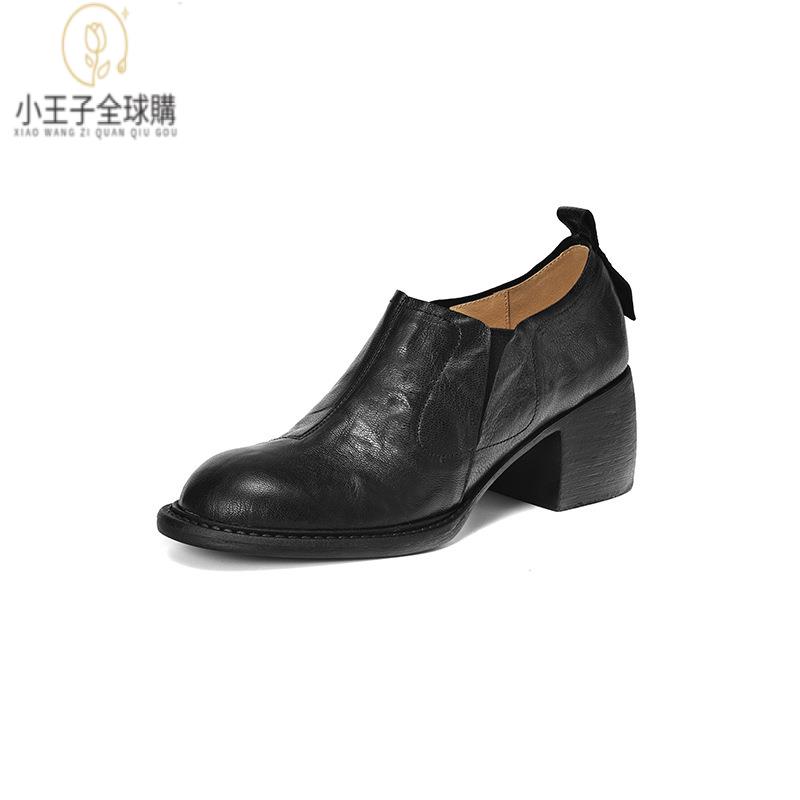 【公司現貨速發】免運 開發票 小短靴 堆堆靴 真皮女鞋 羊皮鞋 小皮鞋 樂福鞋秋冬新款手抓紋羊皮圓頭大粗跟法式復古裡外全皮一腳蹬 定製