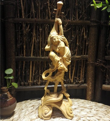 小葉黃楊木精致居家裝飾品雕刻工藝品敦煌飛天仕女反彈琵琶擺件1入