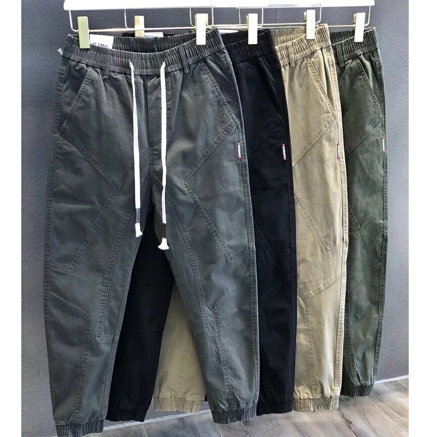 【MLM】高質感 休閒長褲 M-3XL 純棉 拼接設計感 四色 美式工作褲 高質量 哈倫長褲 鬆緊繩腰帶 縮口褲