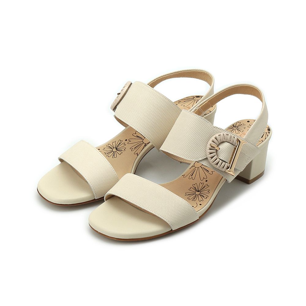 LUZZI D字編釦粗跟涼鞋 米 女鞋