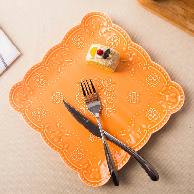 酒店咖啡廳甜點心盤子 家用方牛排盤創意盤子水果托盤微波蕾絲