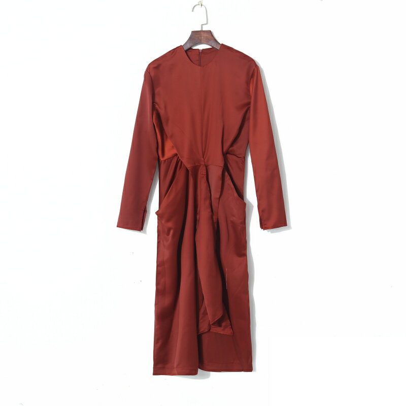 秋季女裝時尚韓版純色優雅圓領套頭高腰褶皺飄帶顯瘦連衣裙