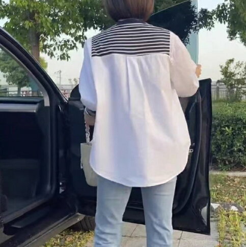 中大尺碼女裝~春夏新款 條紋拼接假兩件休閒襯衫 百搭大碼上衣胖MM都可以穿 3