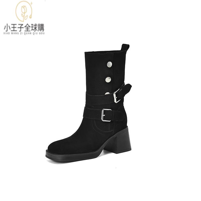 【公司現貨速發】免運 開發票 小短靴 堆堆靴 真皮女鞋 羊皮鞋 小皮鞋 樂福鞋秋冬皮帶扣馬丁靴圓頭粗高跟中筒靴女杏色靴子磨砂皮真皮女靴 定製