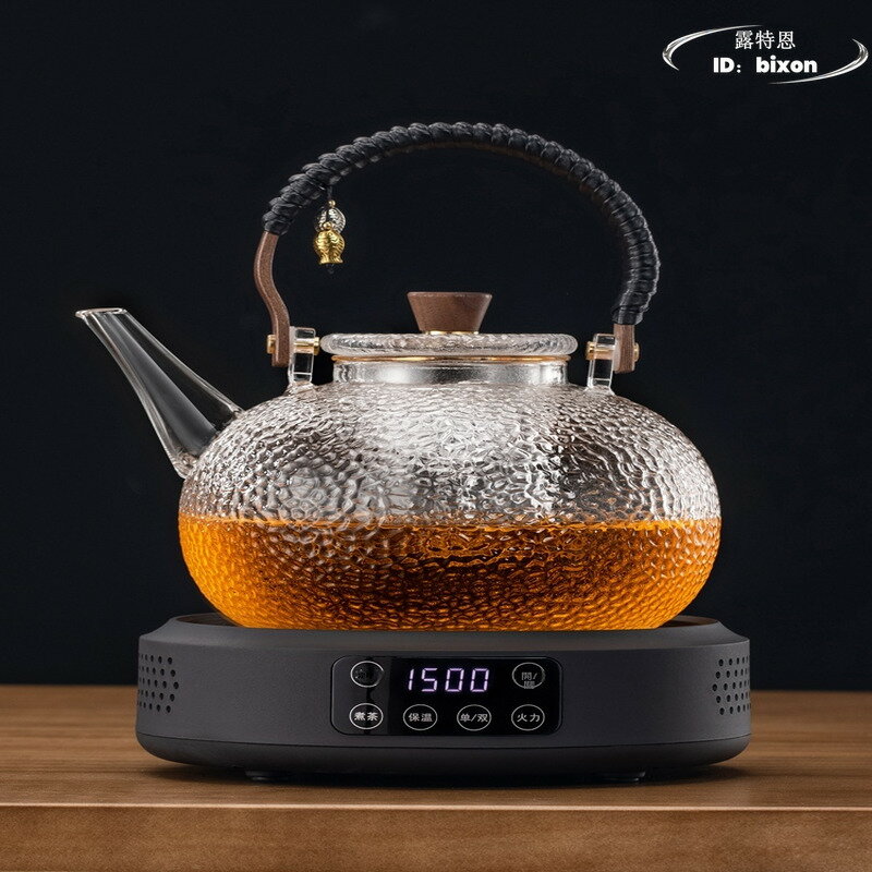 【好康免運】大容量蒸煮 一體全玻璃蒸汽茶壺 電陶爐套裝 1.9L大號錘紋 煮茶器 家用煮茶茶具