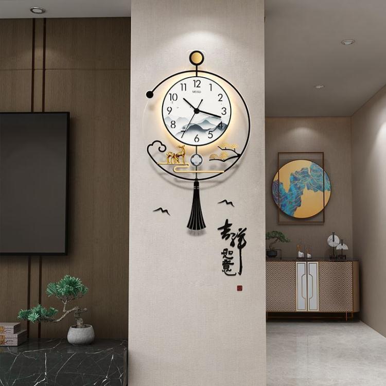 掛鐘 新中式鐘表掛鐘客廳家用時尚新款創意壁掛時鐘燈餐廳裝飾表快速出貨