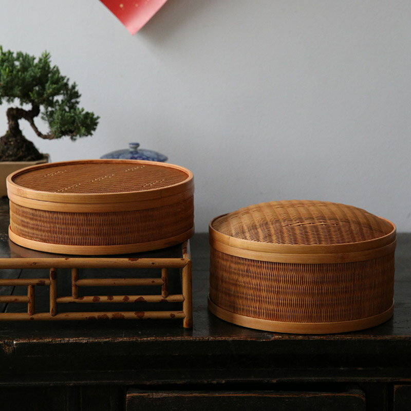 中式復古竹編茶具收納盒竹制有帶蓋防塵儲存整理日式茶籠茶盤果盤