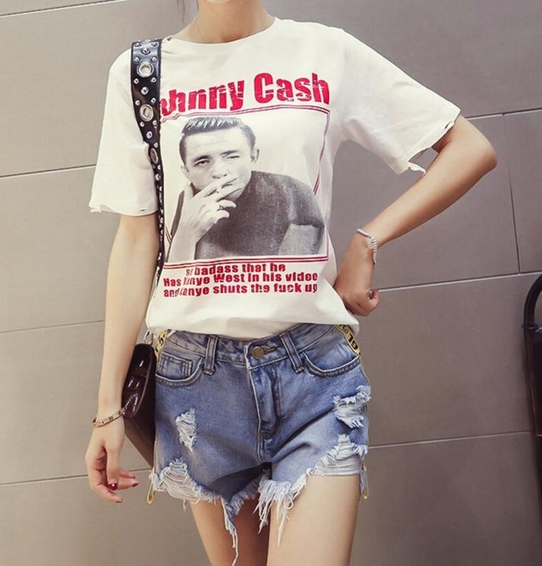FINDSENSE MD 韓國時尚 女 寬鬆 字母印花人物圖案 短袖T恤 學生短T 圓領T恤